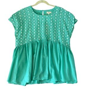 OTT Green/White Embroidered Women’s Top Babydoll Style Size-Large, New with Tags